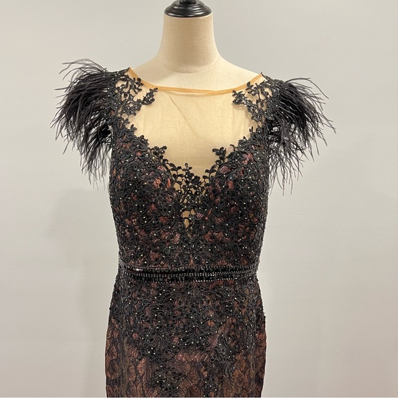 Mac Duggal Black Faux Feather Illusion Neckline & Back Full Length Mermaid Gown - Picture 7 of 17